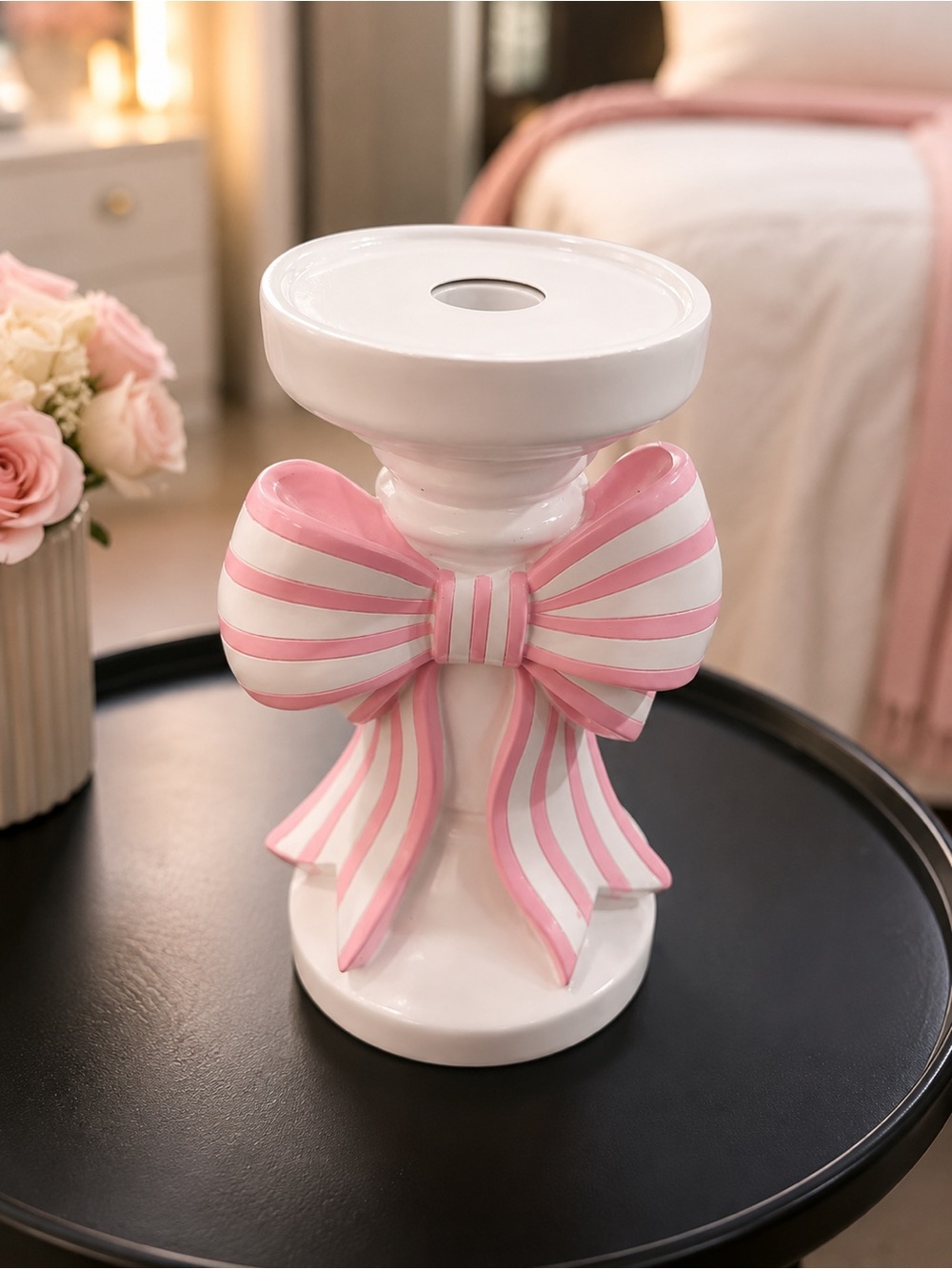 Decorative White Ceramic Pedestal with Pink & White Striped Bow